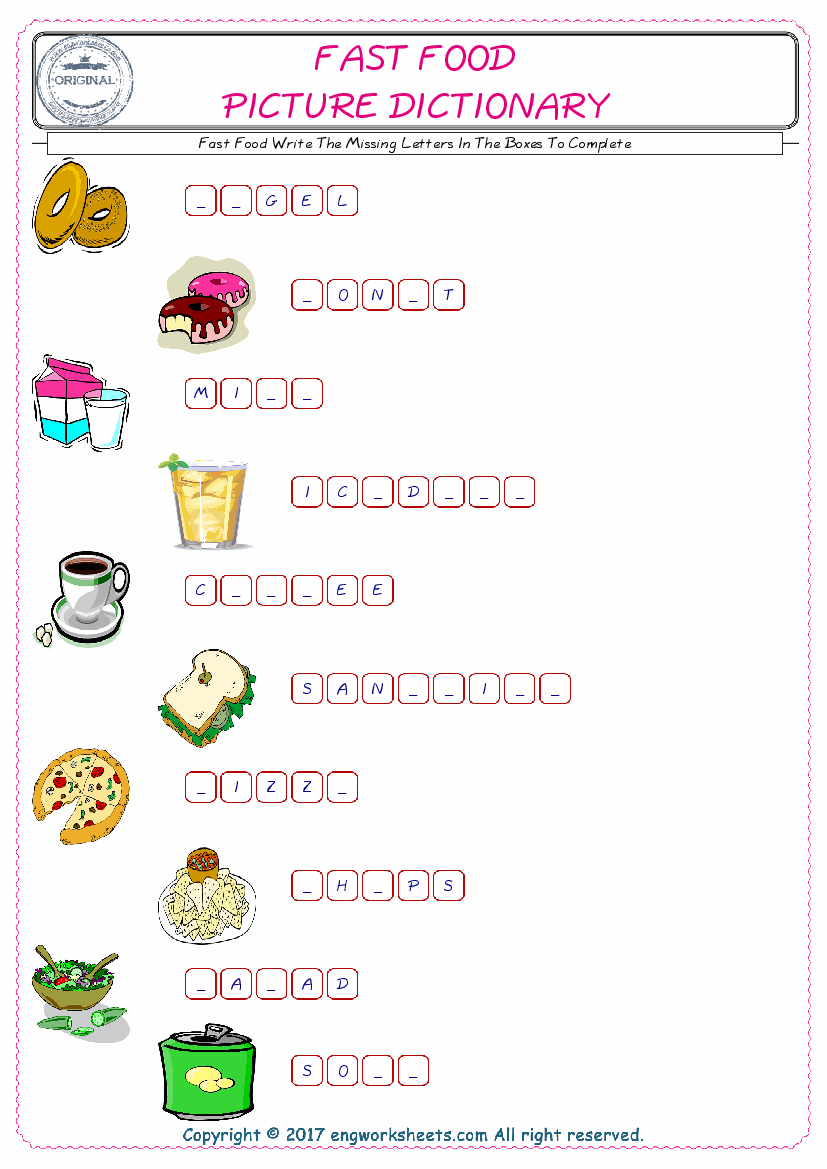  Type in the blank and learn the missing letters in the Fast Food words given for kids English worksheet. 